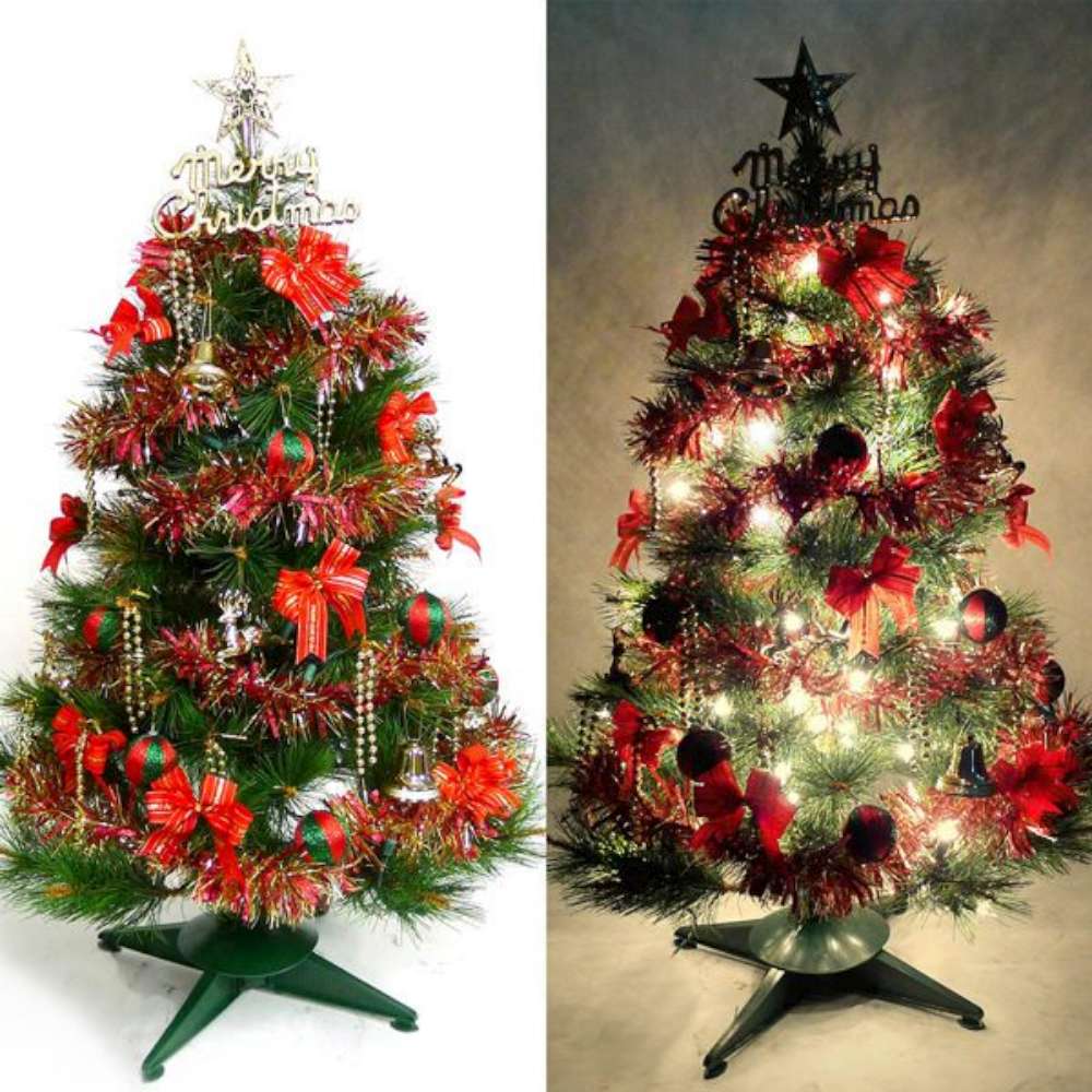 摩達客 3尺(90cm)特級綠松針葉聖誕樹(紅金色系配件)+100燈鎢絲樹燈一串