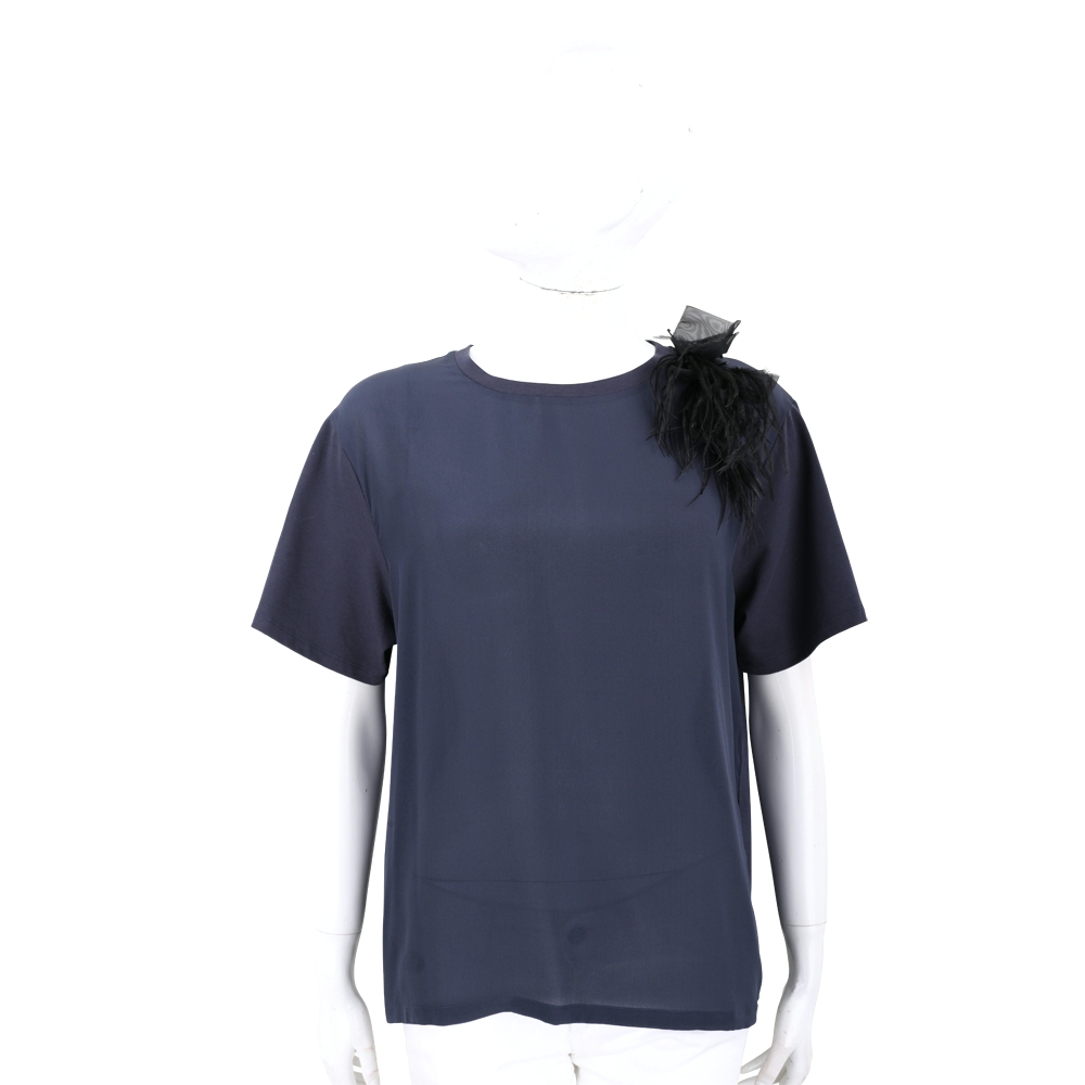 Max Mara-WEEKEND Jajce 可拆羽毛肩釦深藍絲棉拼接短袖TEE T恤