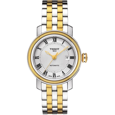 TISSOT 天梭 官方授權 Bridgeport 寶環系列經典羅馬機械女錶 迎春好禮-銀x金/29mm T0970072203300