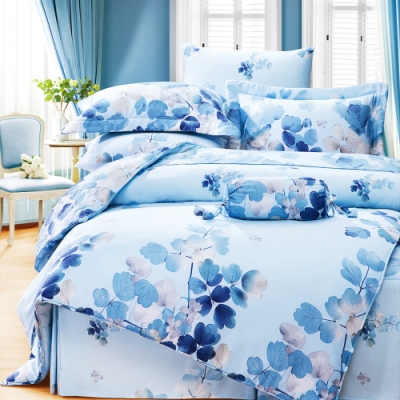 Saint Rose頂級精緻100%天絲兩用被床包組(包覆高度35CM)-卉影藍-加大