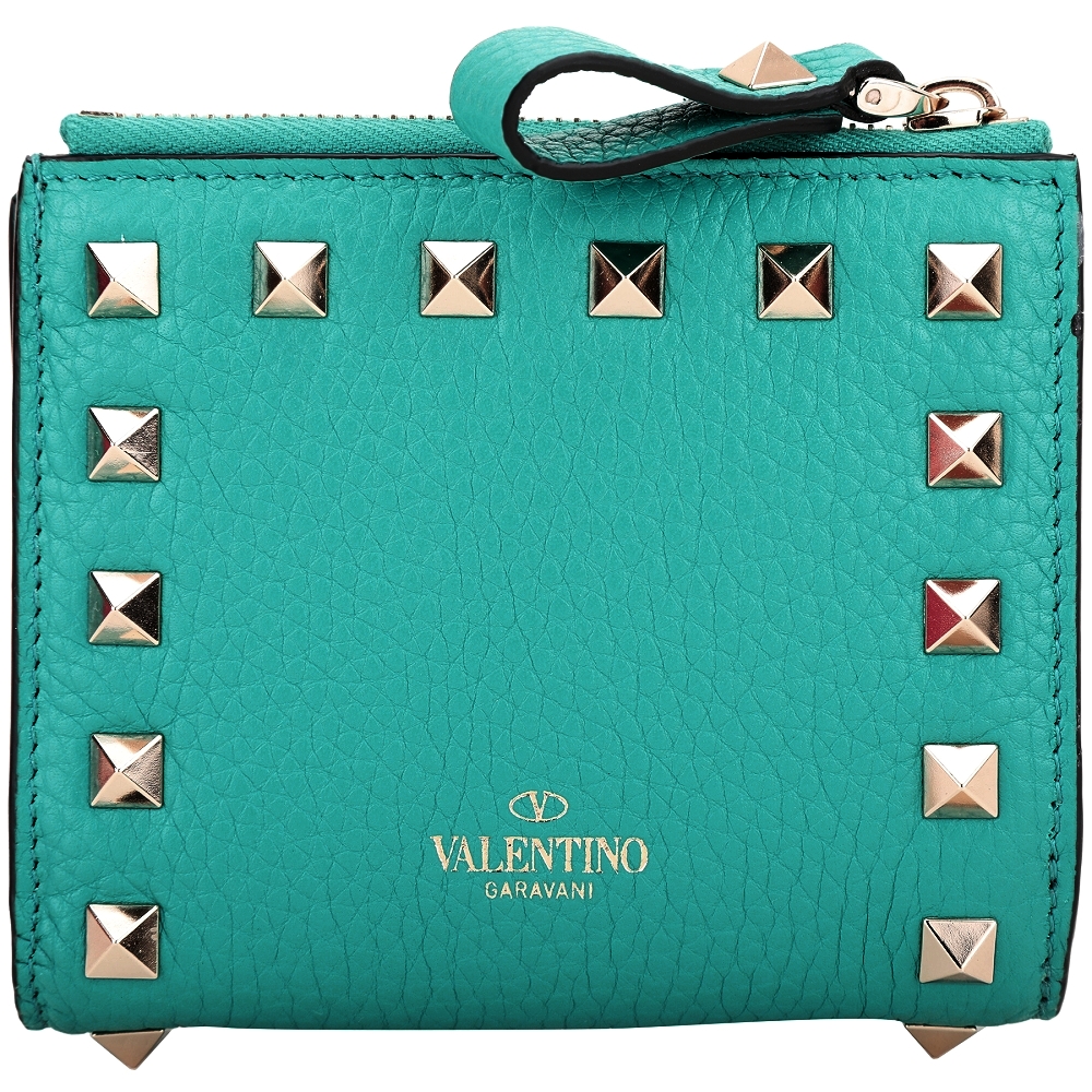 VALENTINO Rockstud 鉚釘荔紋小牛皮釦式短夾(湖水綠)