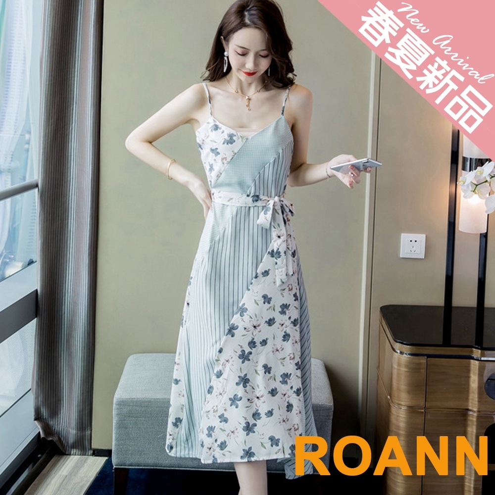 V領拼接小碎花細肩帶長款洋裝 (天藍色)-ROANN