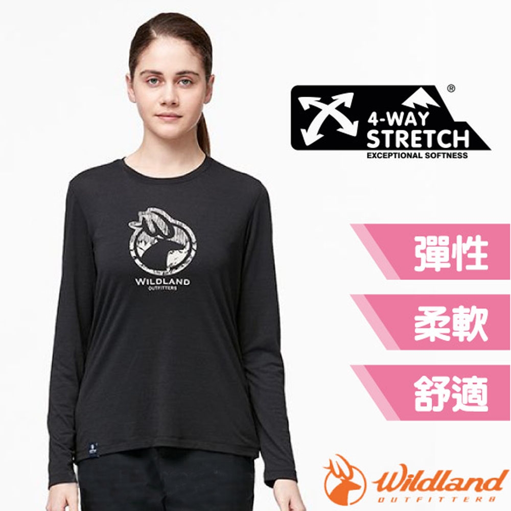 荒野 WildLand 女新款 彈性LOGO印花抗UV長袖上衣.圓領T恤.休閒運動排汗衣_黑