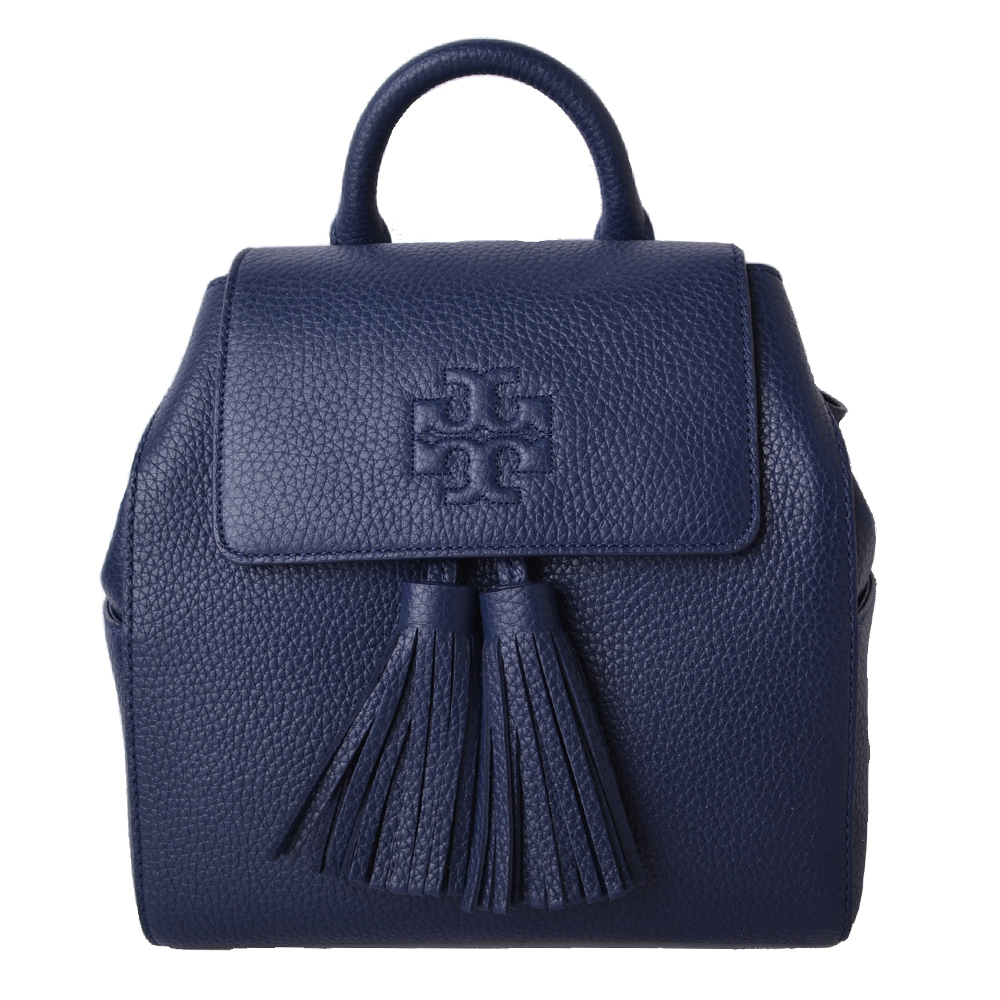 TORY BURCH THEA 流蘇飾荔枝紋精緻LOGO翻蓋束口後背包-海軍藍(mini)