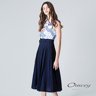 OUWEY歐薇 撞色印條拼接綁帶洋裝(藍)