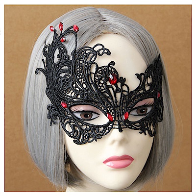 摩達客 萬聖派對化妝舞會頭飾-哥德風死神黑色蕾絲精緻編織眼罩