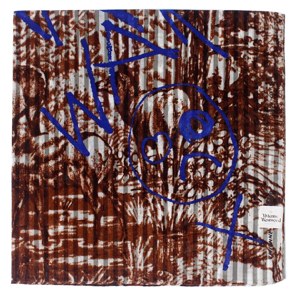 Vivienne Westwood  手繪隨意塗鴉直條底紋潑墨塗鴉純棉帕領巾 (大款/咖啡) product image 1
