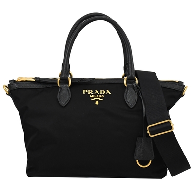 PRADA 金屬LOGO經典尼龍拼接防刮牛皮手提兩用包(黑)