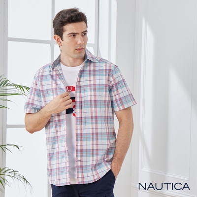 Nautica 男裝 經典撞色格紋短袖襯衫-紅綠