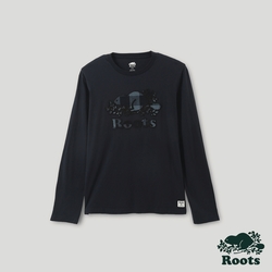 Roots 男裝- 格紋風潮系列 海狸LOGO長袖T恤-藍色