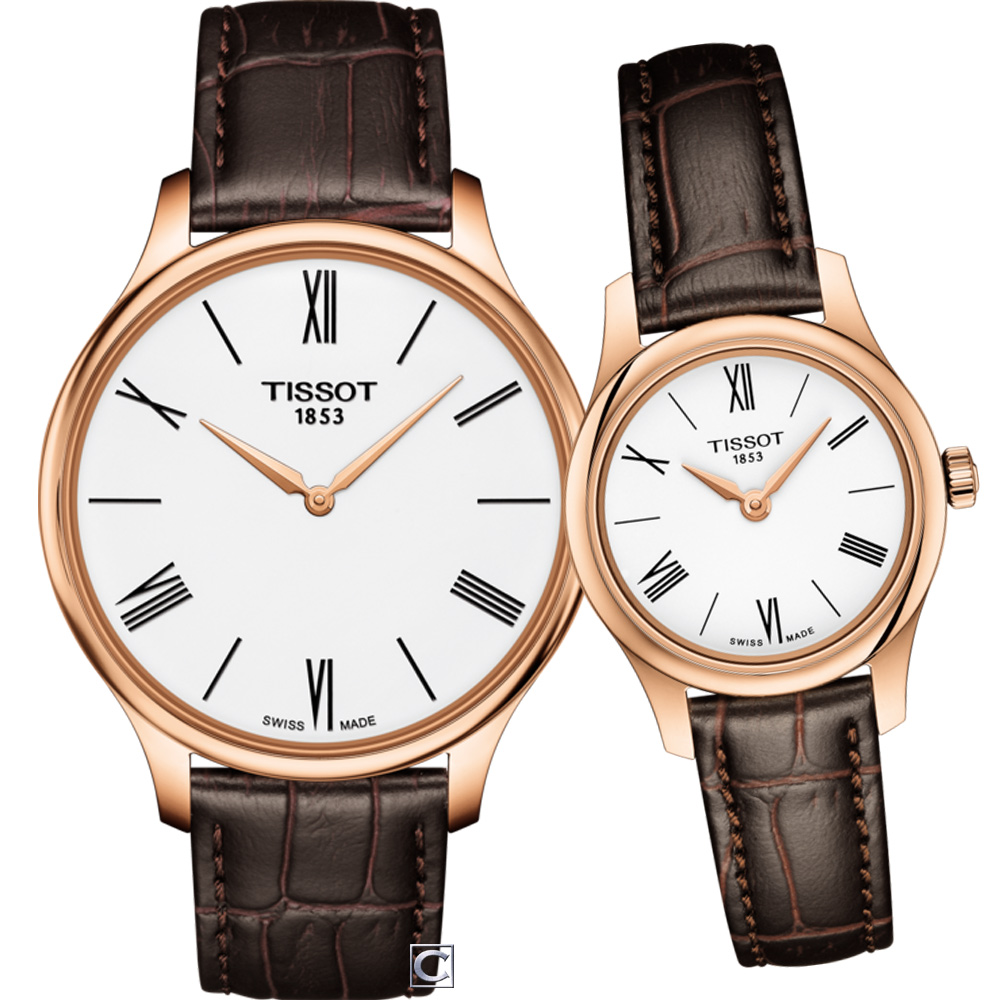 TISSOT 天梭 官方授權 唯你寵愛超薄對錶-玫瑰金色/40+26mm