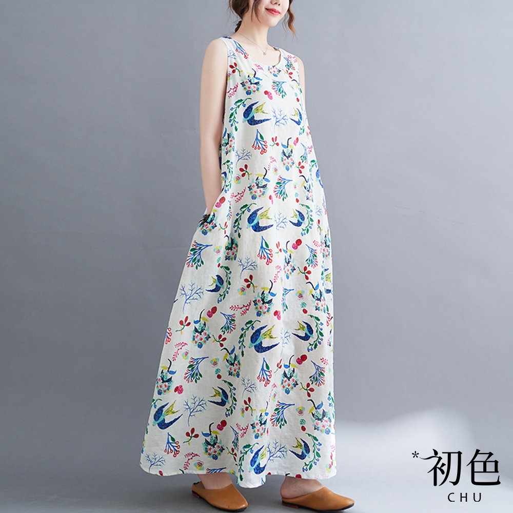 【絕版品出清】初色 棉麻風花鳥印花背心洋裝-共2色-61797(M-2XL可選)