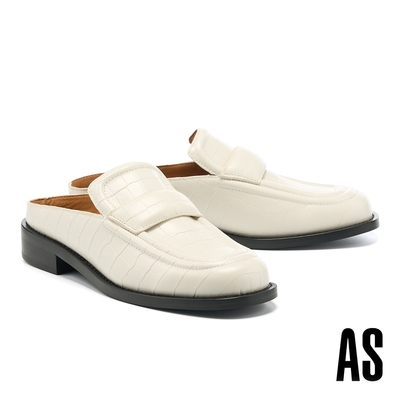 穆勒鞋 AS 日常時髦鱷魚紋牛皮方頭低跟穆勒拖鞋－白