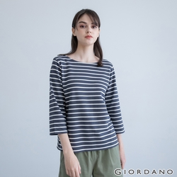 GIORDANO 女裝簡約厚磅七分袖T恤 - 71 標誌灰X皎白