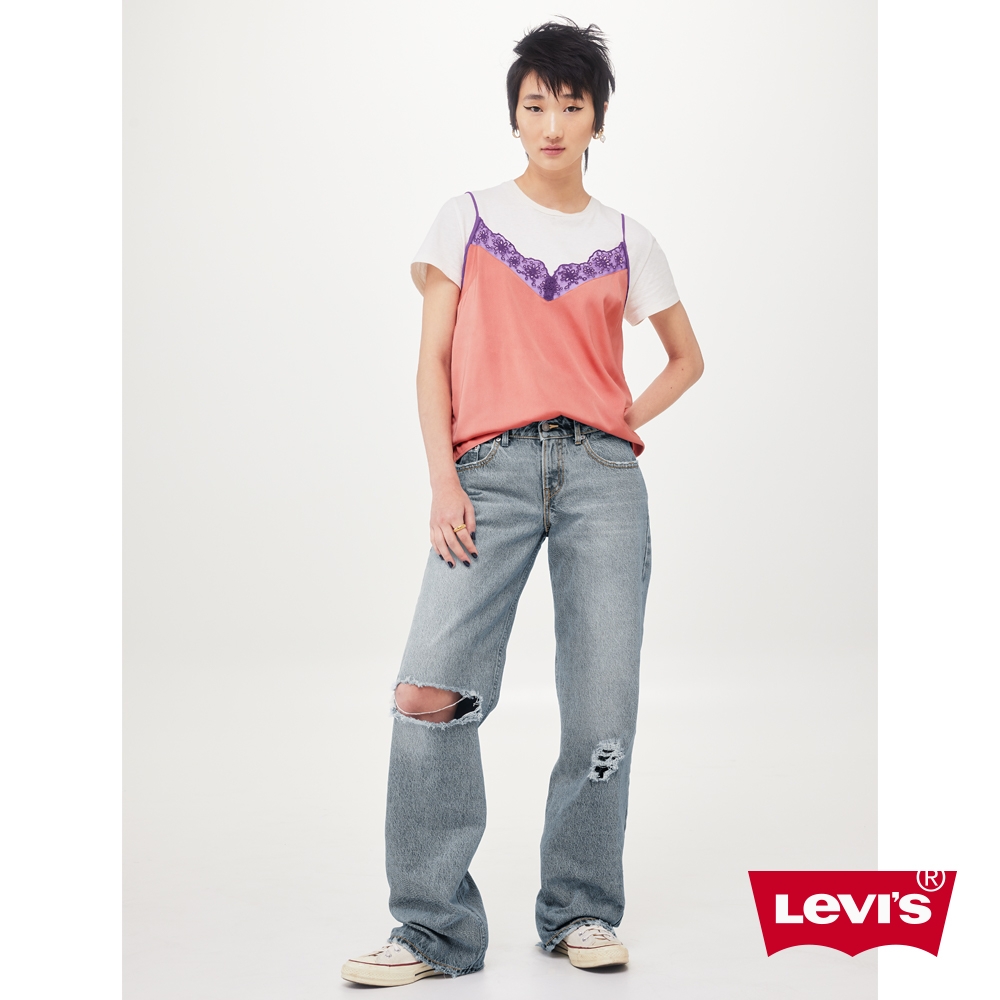 Levis 女款 低腰寬直筒牛仔長褲 / 刀割X磨損刷破X不收邊褲管