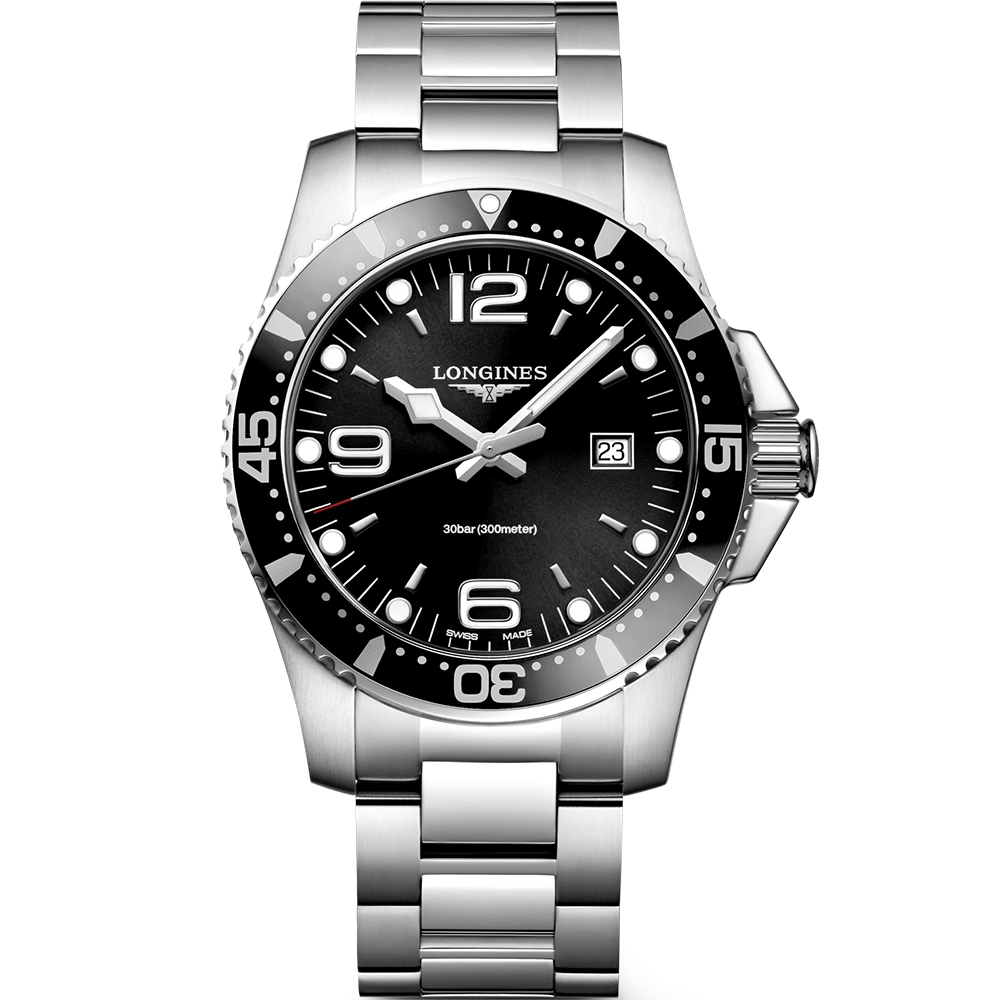 LONGINES 浪琴 官方授權 征服者300米潛水石英手錶-黑x銀/44mm L3.840.4.56.6
