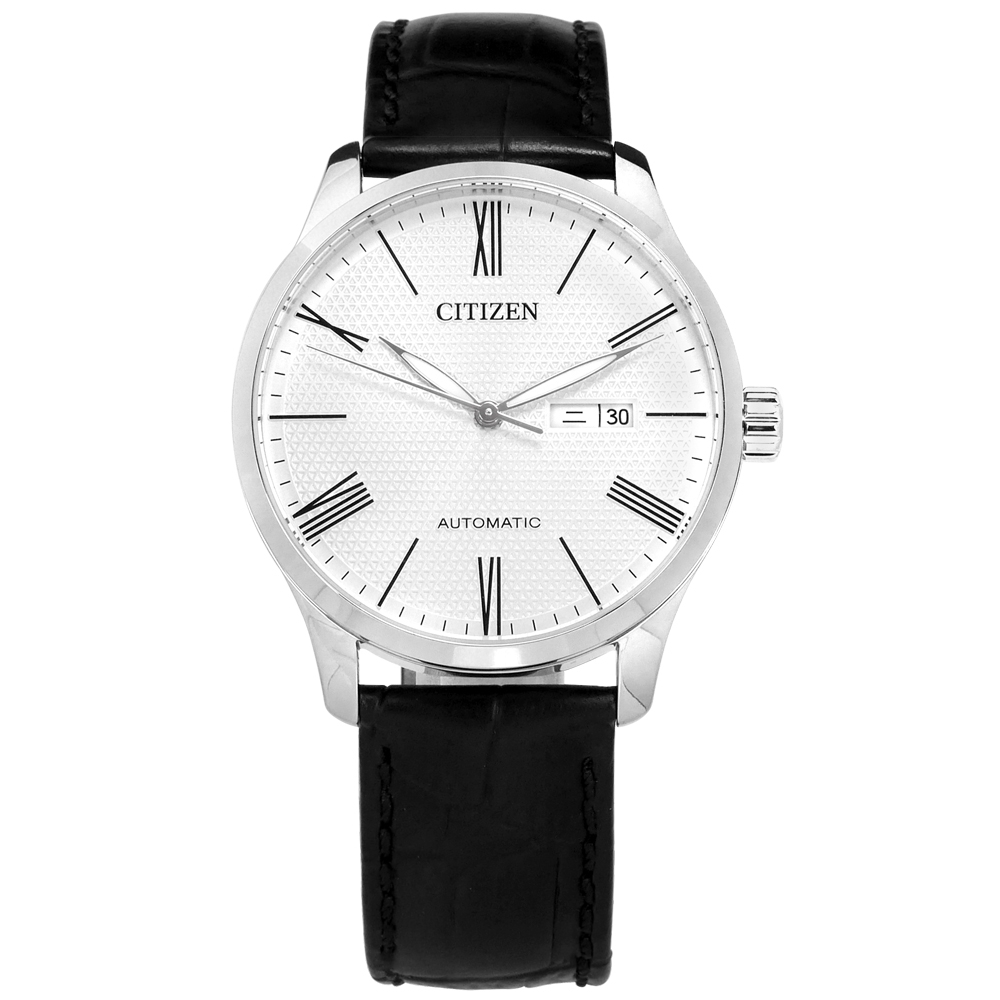 CITIZEN 機械錶 自動上鍊 星期 日期 羅馬刻度 小牛皮手錶-白x黑/40mm
