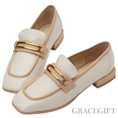 【Grace Gift】逸歡聯名-英倫金屬方頭低跟樂福鞋 杏