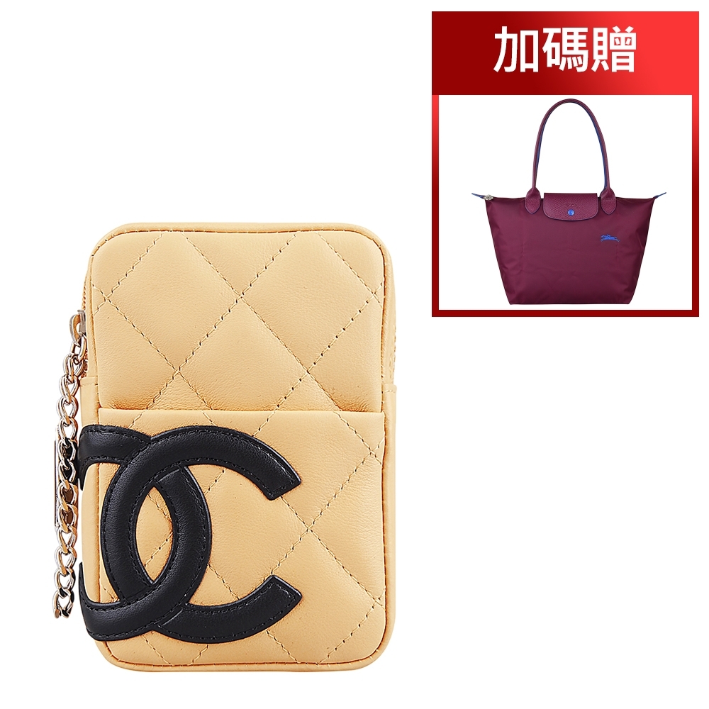 CHANEL 康朋系列雙C LOGO羊皮拉鍊萬用小包(展示品/米x黑)