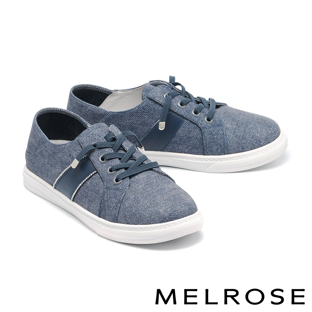 休閒鞋 MELROSE 美樂斯 簡約日常水鑽條彈性鞋帶牛皮QQ厚底休閒鞋－藍