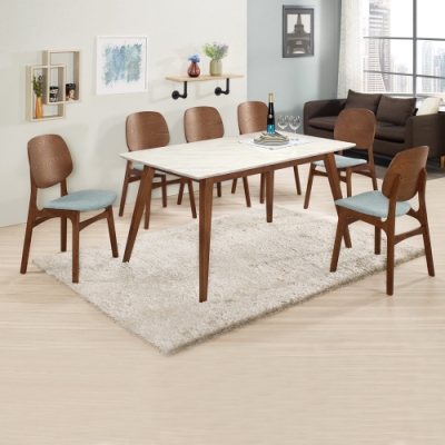 Boden-溫克5尺胡桃色石面餐桌椅組合(一桌四椅)(藍色布餐椅)-150x85x77cm
