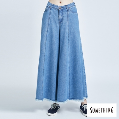 SOMETHING NEO FIT剪接寬版牛仔褲-女-拔洗藍