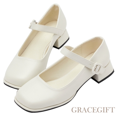 【Grace Gift】百搭經典方頭芭蕾瑪莉珍鞋 米白