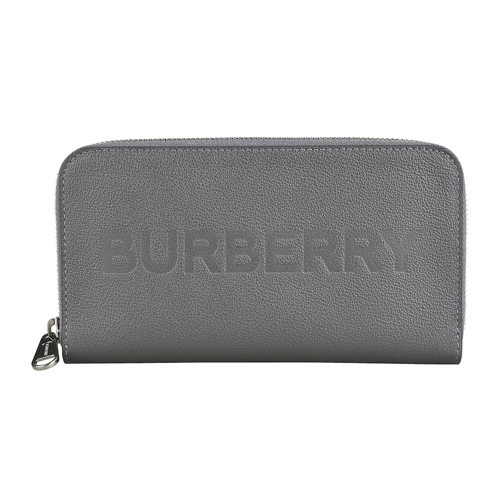 BURBERRY英文烙印LOGO質感粒面牛皮12卡拉鍊長夾(灰)