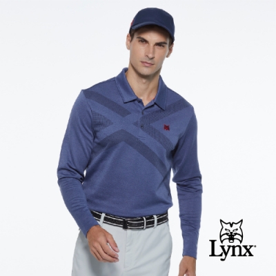【Lynx Golf】男款交叉線條點點印花山貓繡花長袖POLO衫-深藍色