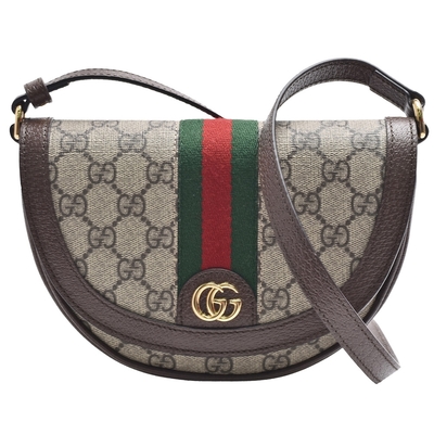 GUCCI 古馳 經典Ophidia mini GG Supreme印花帆布半圓型斜背包(迷你-烏木色-展示品)