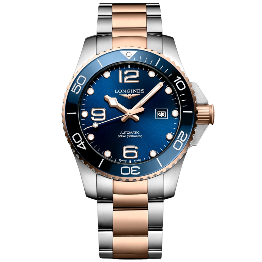 LONGINES浪琴官方授權深海征服者浪鬼陶瓷潛水機械腕錶-玫瑰金x藍新年 