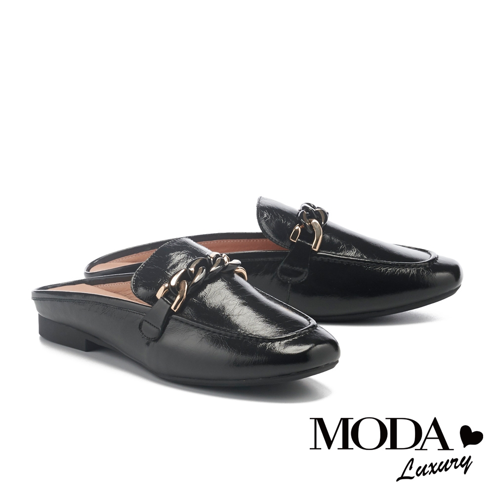 穆勒鞋 MODA Luxury 個性金鏈牛油皮低跟穆勒拖鞋－黑