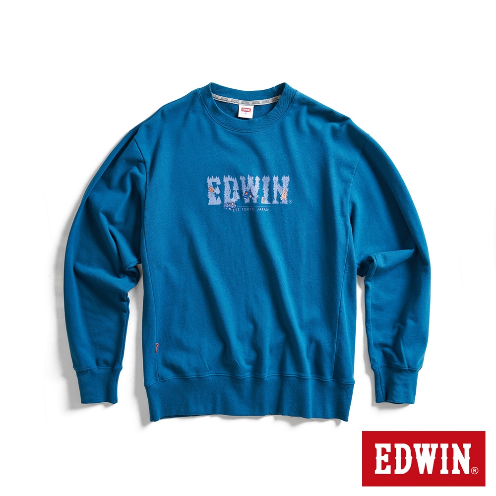 EDWIN 露營系列 森林LOGO寬版厚長袖T恤-男-土耳其藍