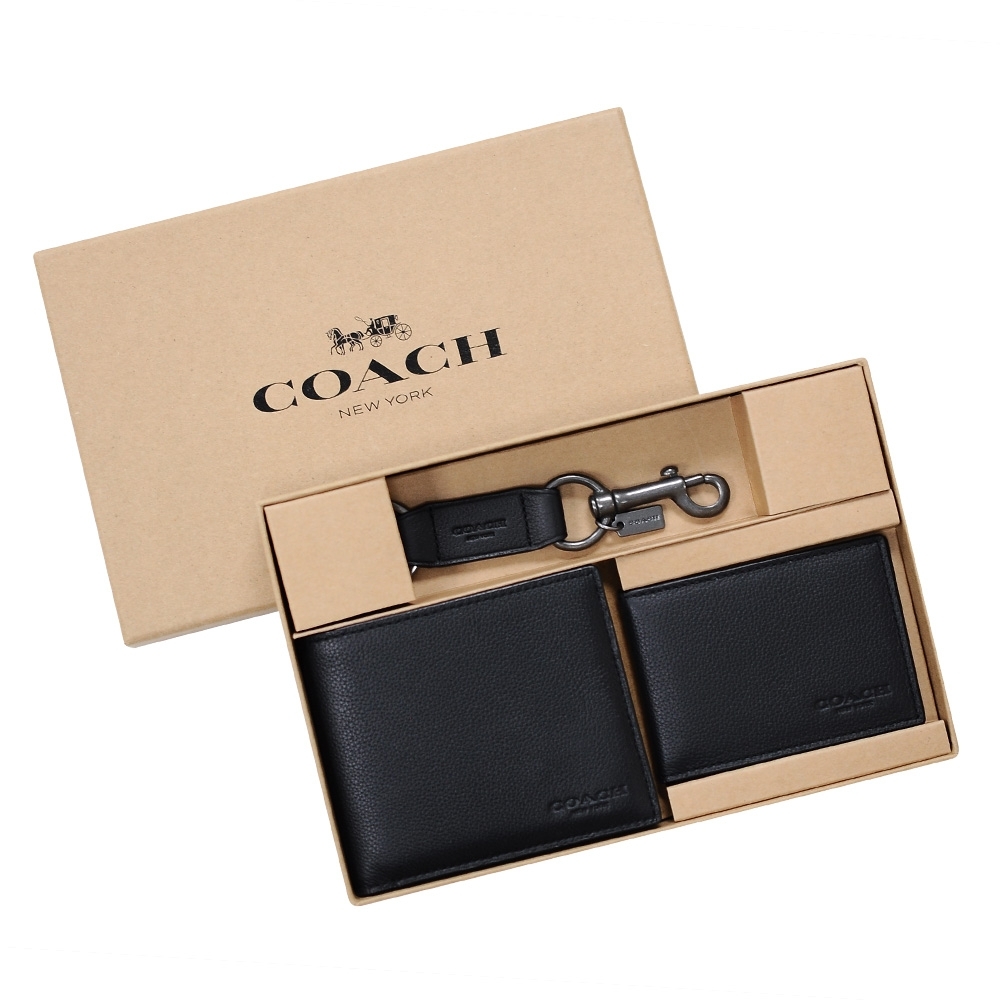 COACH 壓印LOGO素面皮革短夾/卡夾/鑰匙圈禮盒套組 黑色