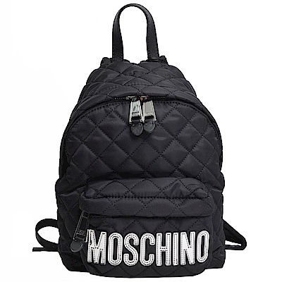 MOSCHINO 品牌銀色字母LOGO圖騰尼龍菱格紋後背包(小/黑)