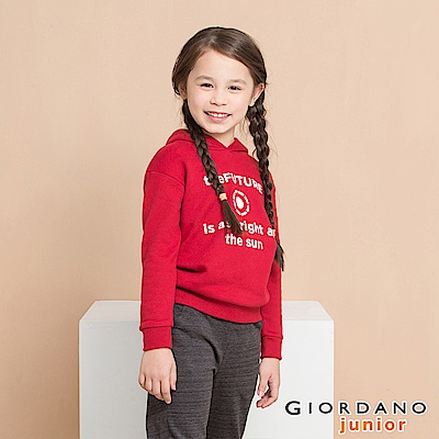 GIORDANO 童裝theFUTURE圖案印花輕刷毛長袖連帽TEE-02 標誌紅