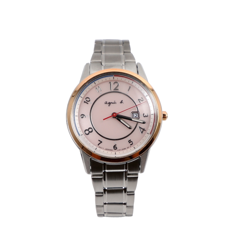 agnes b. SOLAR 太陽能法國國旗色彩腕錶-粉x銀/31mm