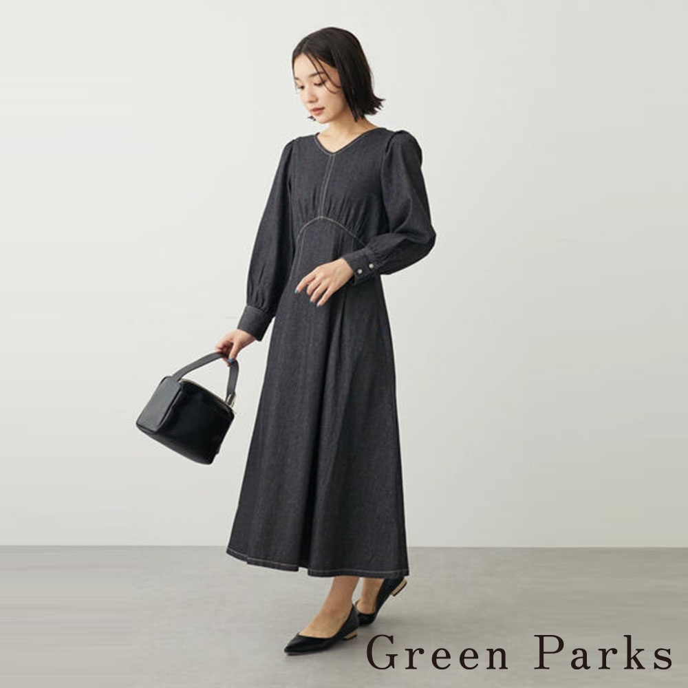 Green Parks 優雅腰壓褶車線設計牛仔洋裝