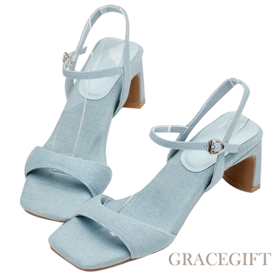 【Grace Gift】蜜糖吐司澎澎鞋墊愛心繫踝高跟涼鞋 牛仔