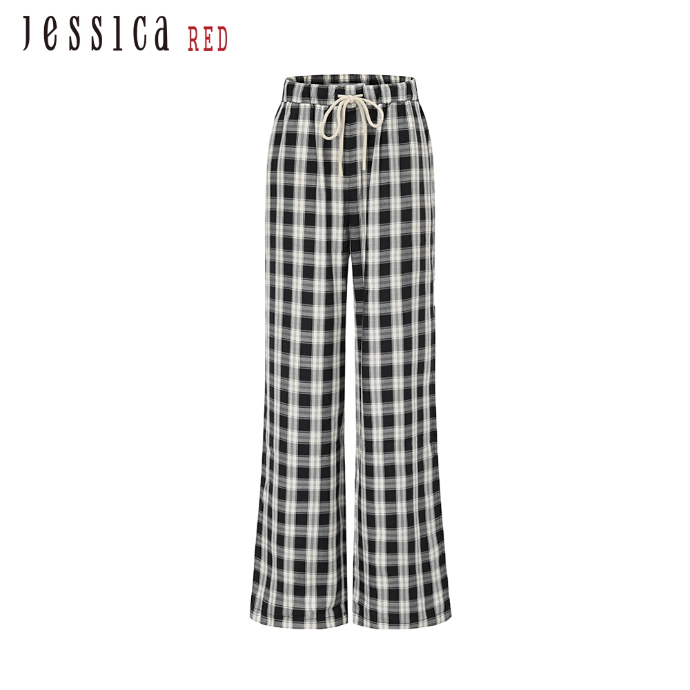 JESSICA RED - 時尚百搭顯腿長格紋長寬褲824125（黑）