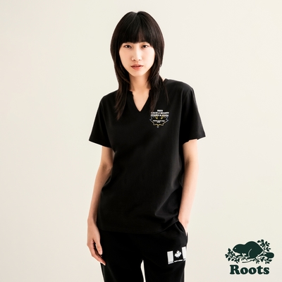 Roots 女裝-摩登都市系列 楓葉圖案V領短袖T恤-黑色
