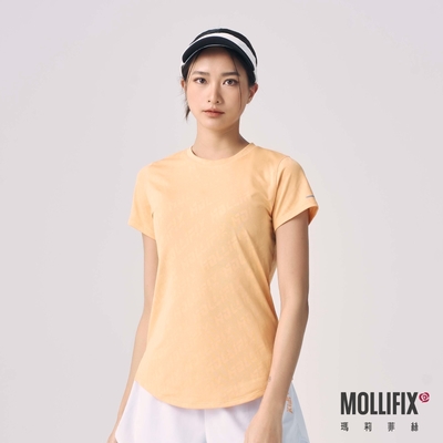 Mollifix 瑪莉菲絲 緹花透氣修身排汗短袖上衣 (活力橙)、瑜珈上衣、瑜珈服