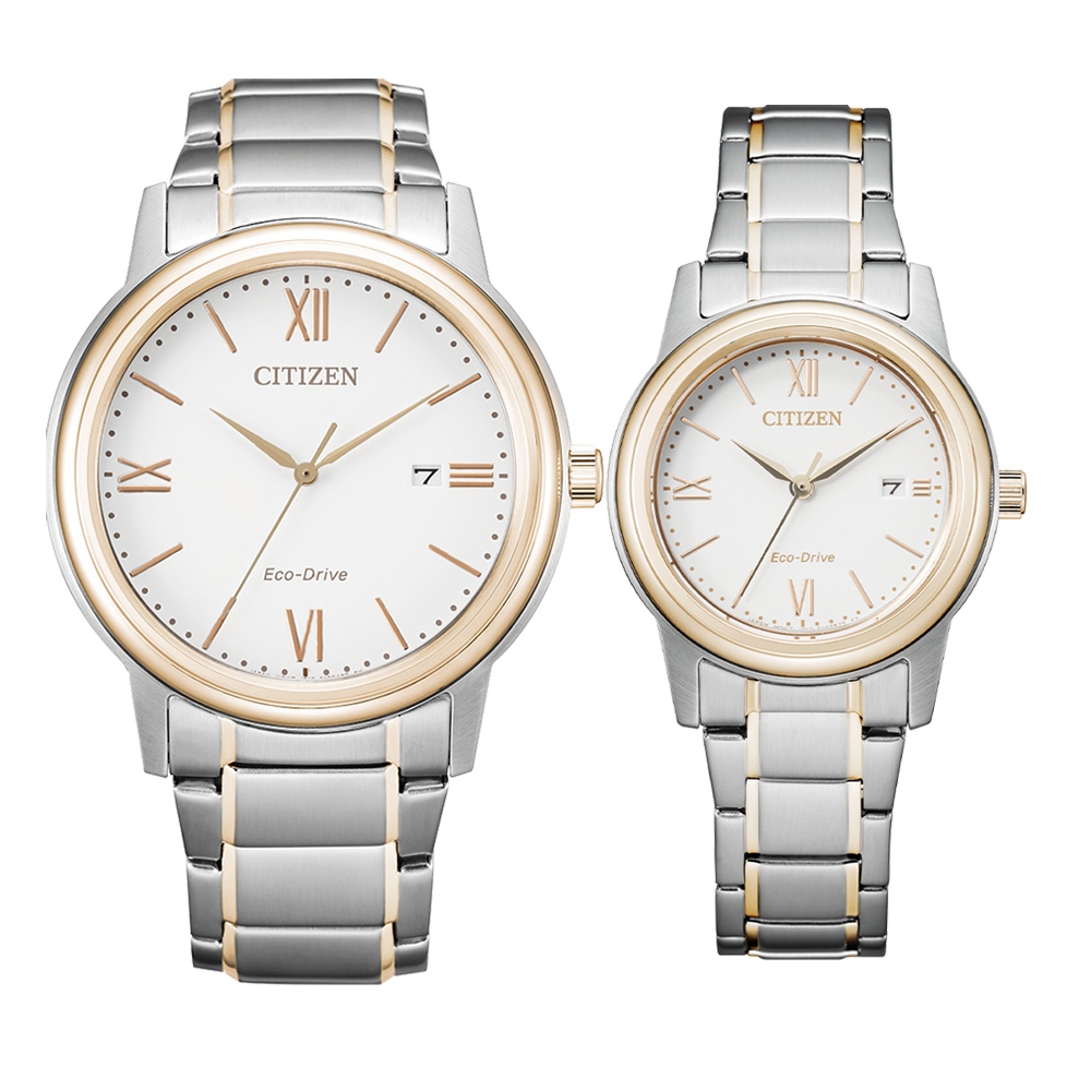 CITIZEN Eco-Drive 羅馬假期時尚對錶-玫瑰金X白-AW1676-86A_FE1226-82A