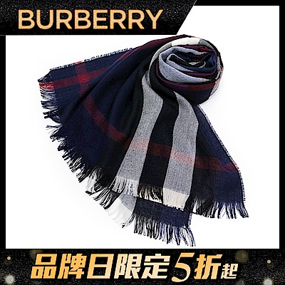 BURBERRY經典藍紅配色羊毛圍巾.披巾