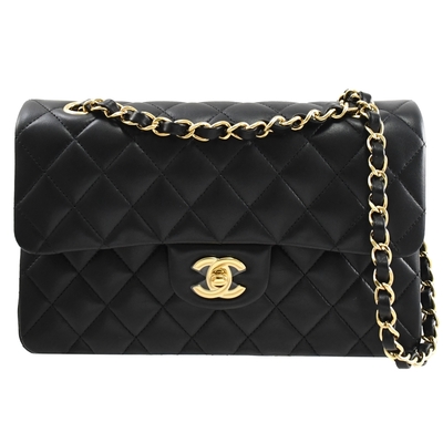 CHANEL Flap Coco 經典雙C LOGO小羊皮金釦翻蓋肩背/斜背包(黑/淡金 23cm)