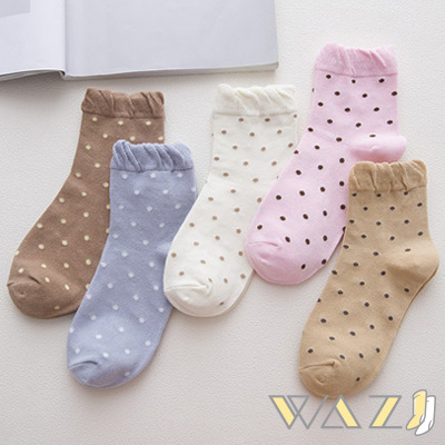 Wazi-泡泡襪口清新小圓點短襪 (1組五入)