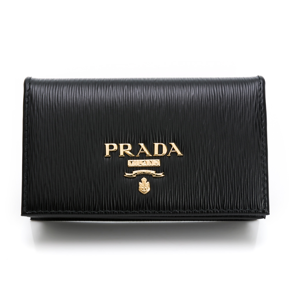 PRADA  金字LOGO直水波紋 暗釦零錢/卡包 -黑 (1MC122 / 2EZZ / F0002)