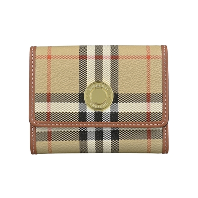 Burberry Lancaster圓標LOGO帆布拼牛皮6卡按釦三折零錢短夾(典藏米x內裡棕)