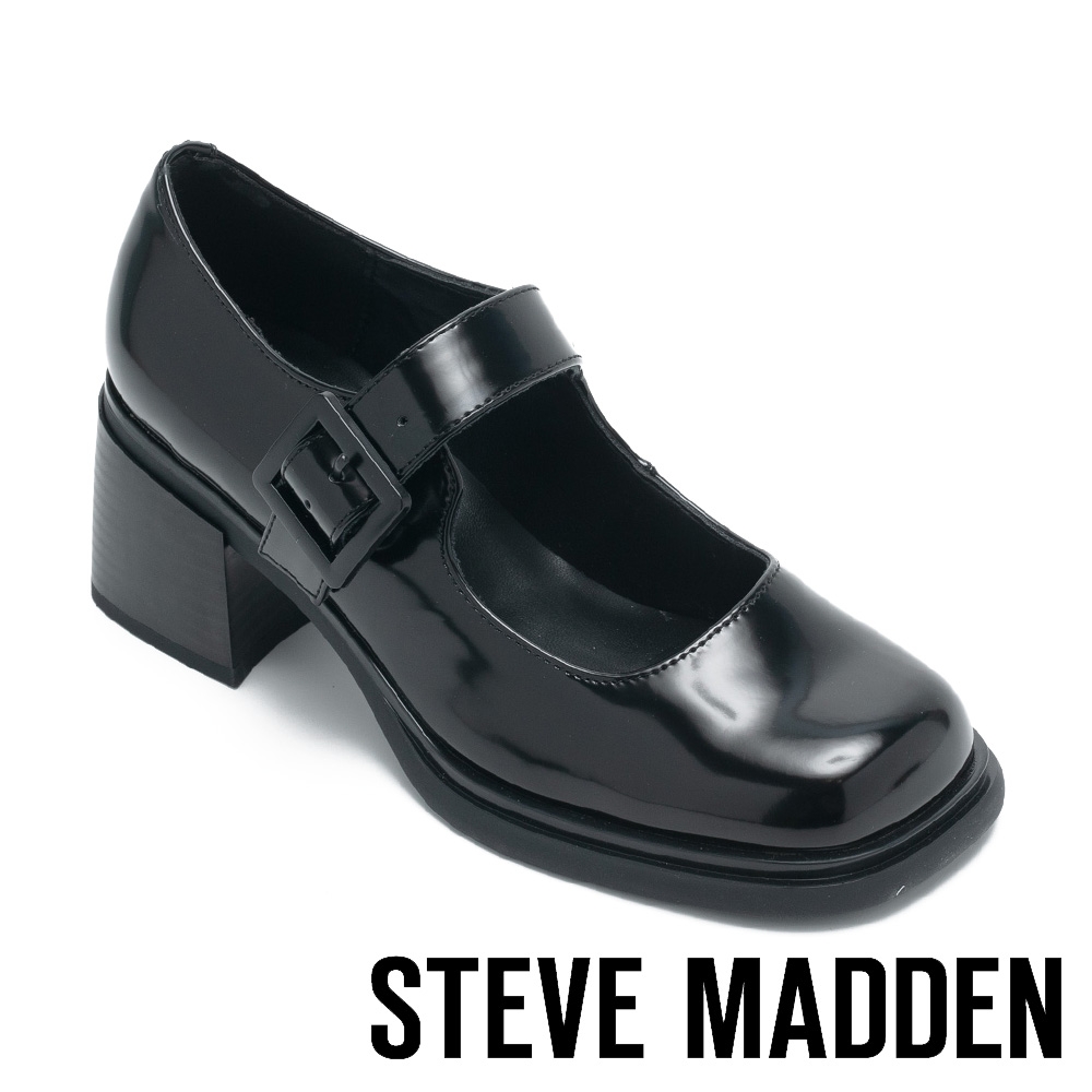 STEVE MADDEN-GALLON 漆皮方頭瑪莉珍跟鞋-黑色