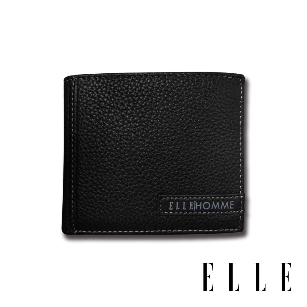 ELLE HOMME OUTLET款-3卡中翻窗格仿荔枝紋短夾- 紳士黑EL2070002